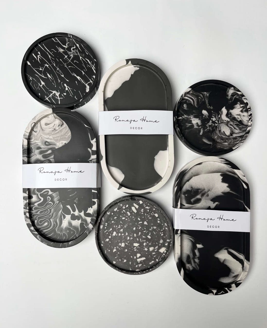 Black and white marbled eco-stone tray collection