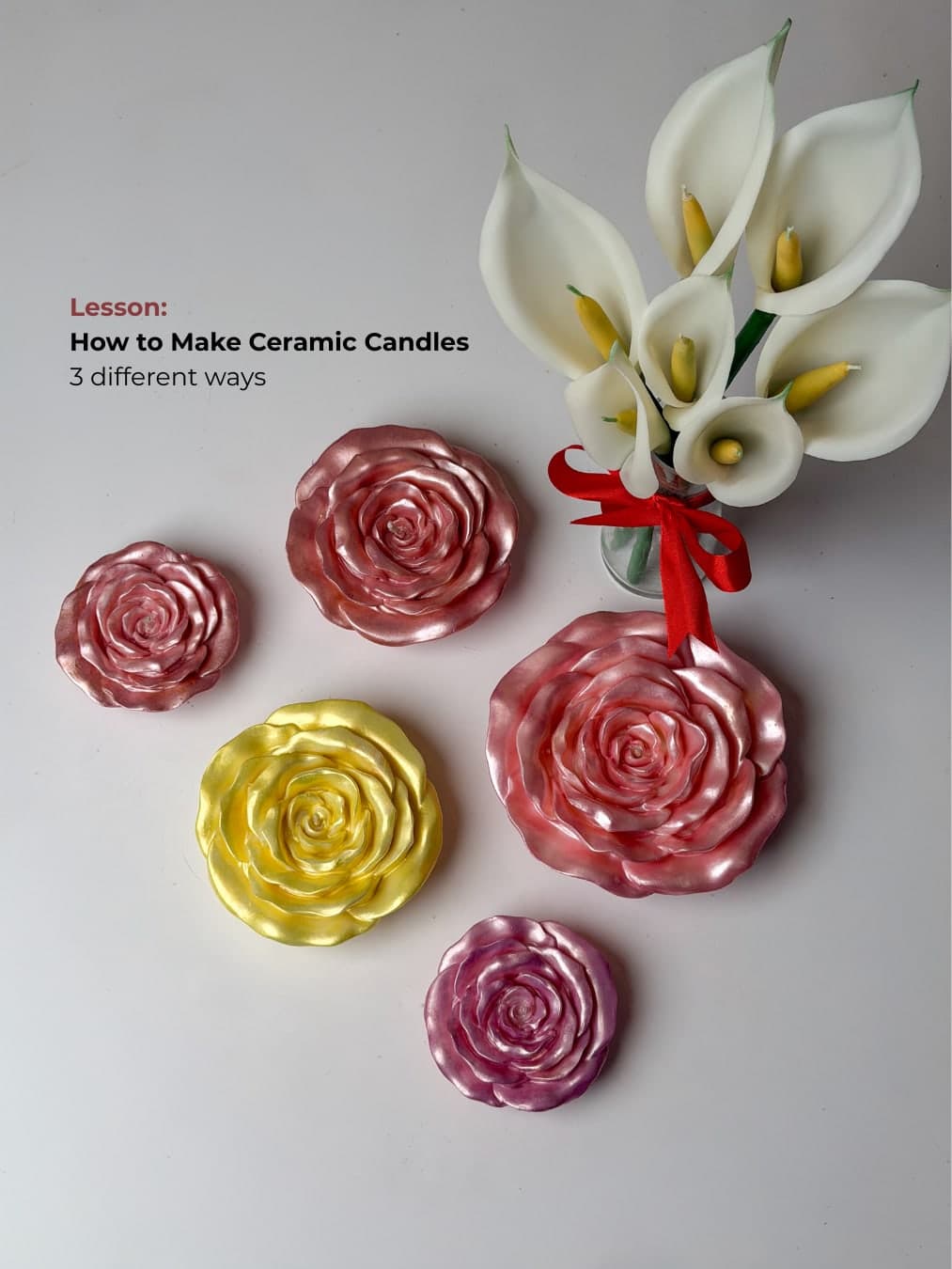 Ceramic effect rose candles and calla lily bouquet
